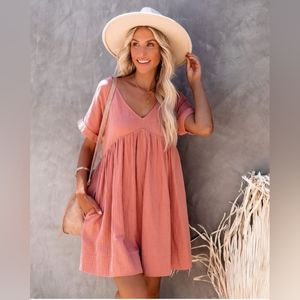 Pink Muslin Boho Designer Romper Dress with Pockets